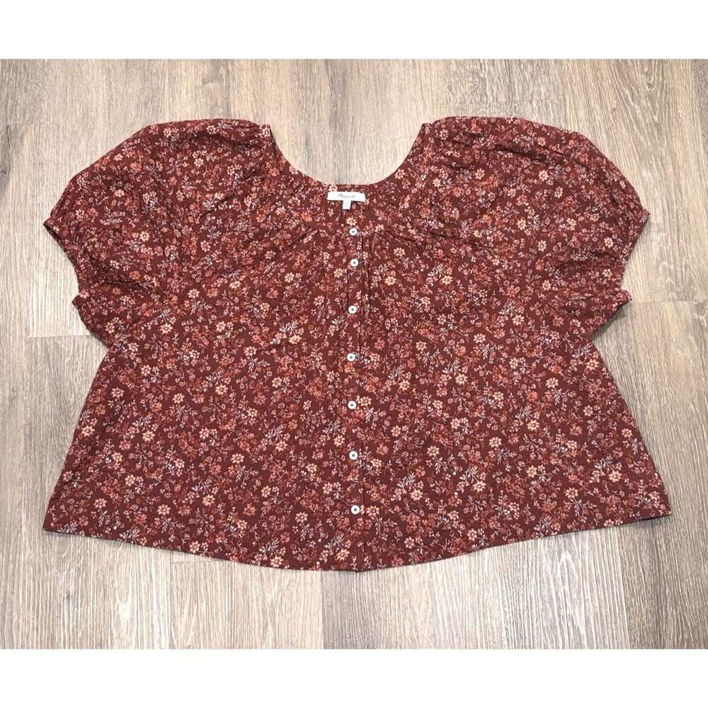 Madewell Top Brown Ditsy Floral Puff Sleeve Button Front Cotton Blouse XL